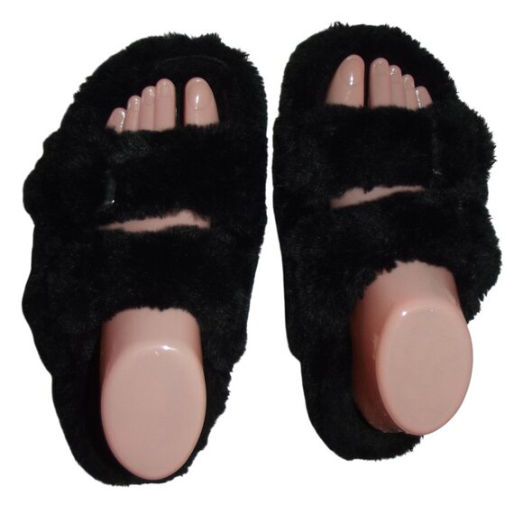 Steve Madden Slippers Womens Size 8 Black Faux Fur Fuzzy Slide House Shoes - Picture 1 of 12